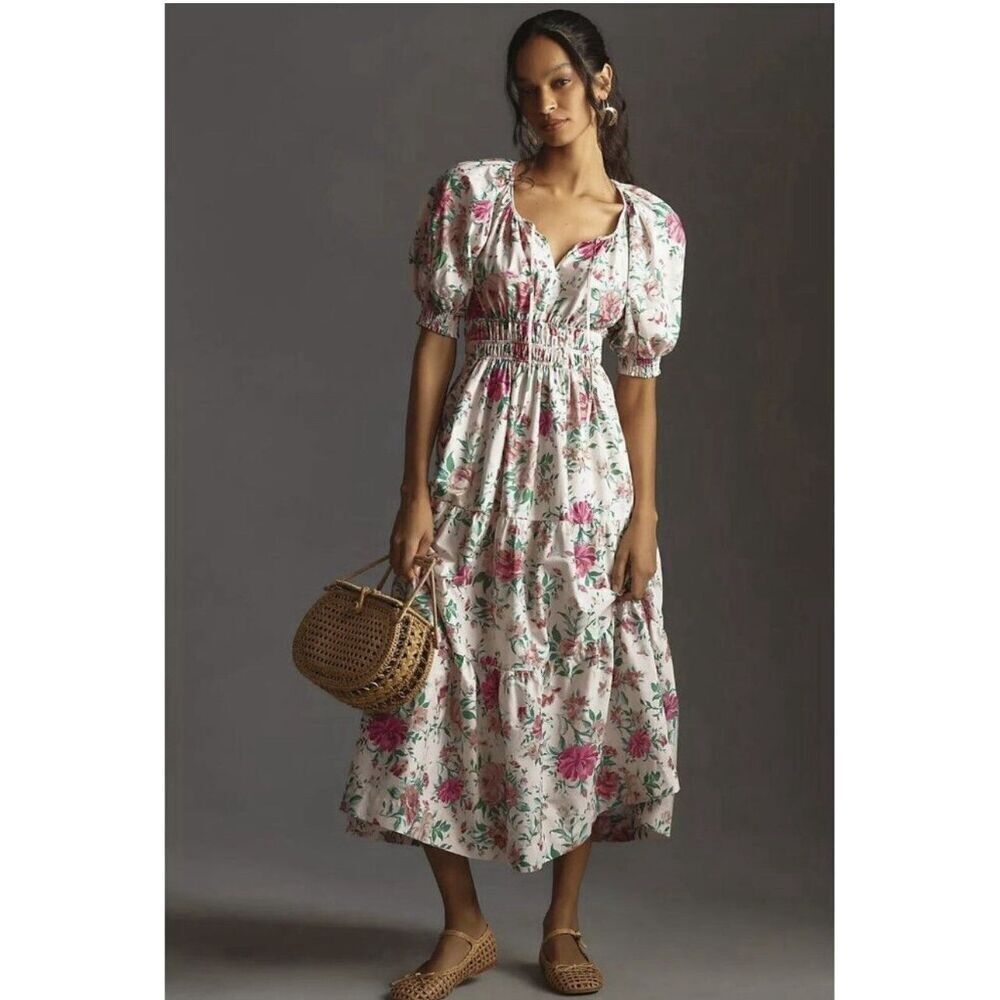Anthropologie White Floral Maxi Dress with Pink & Green Print